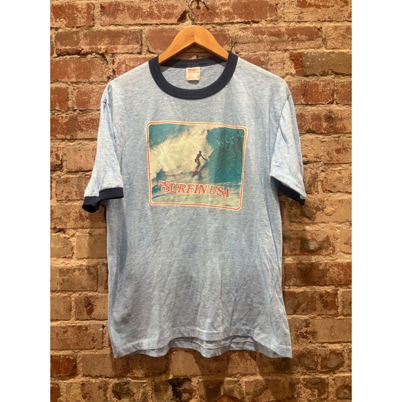 Vintage Thunderbird Sportswear Surfin USA Ringer T Shirt Blue - Picture 2 of 8